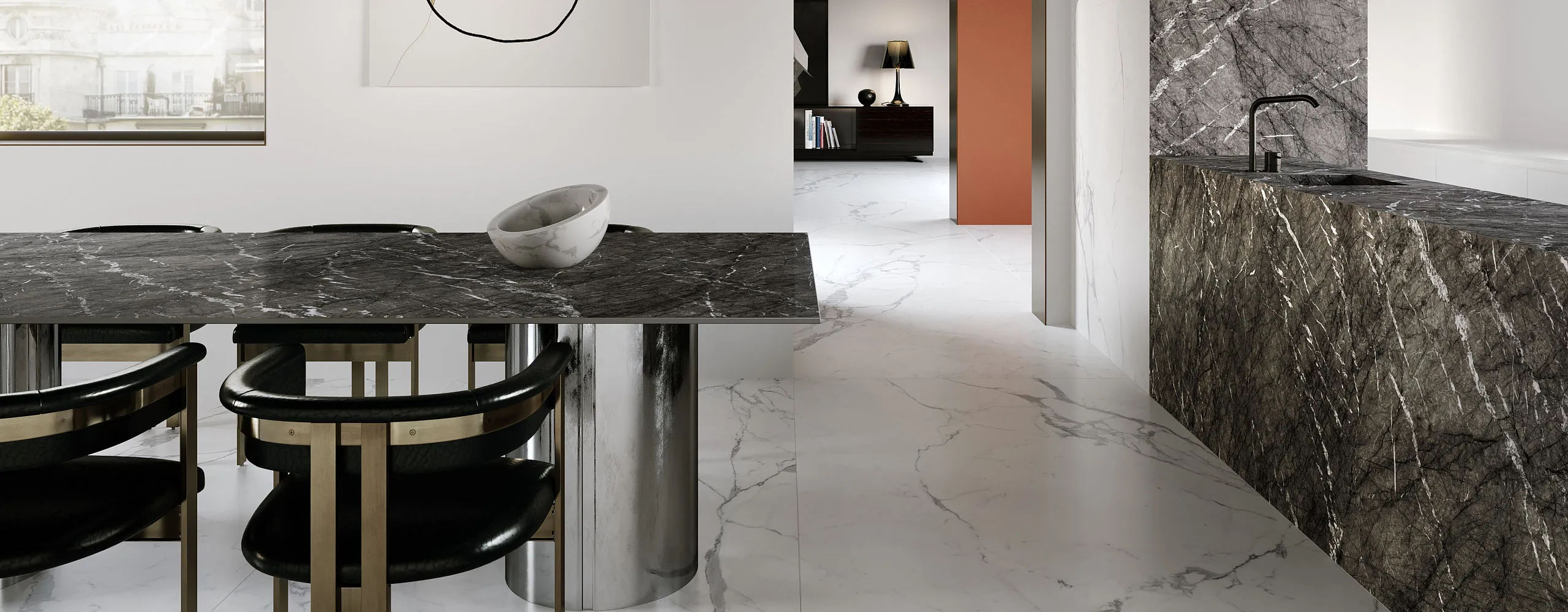 Gehobener Essensraum mit großformatigen Marmorfliesen von Marazzi.
