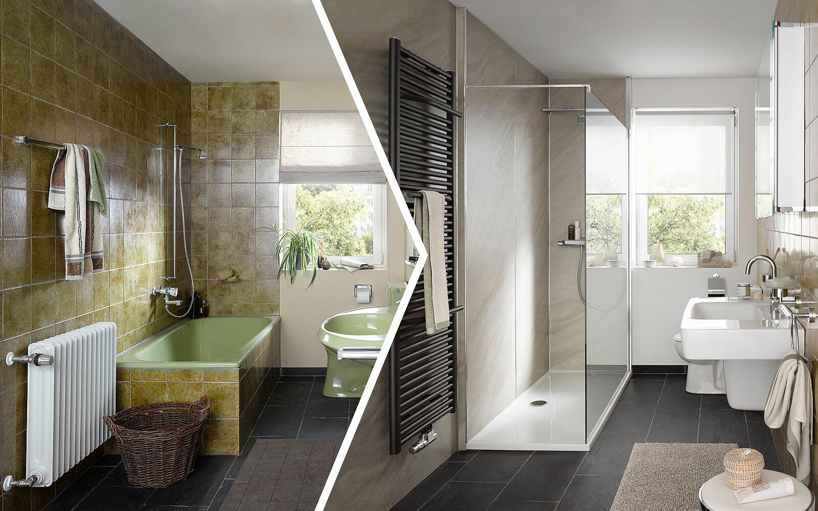 Vorher-Nachher-Vergleich nach Badezimmer Renovierung mit RenoConcept 