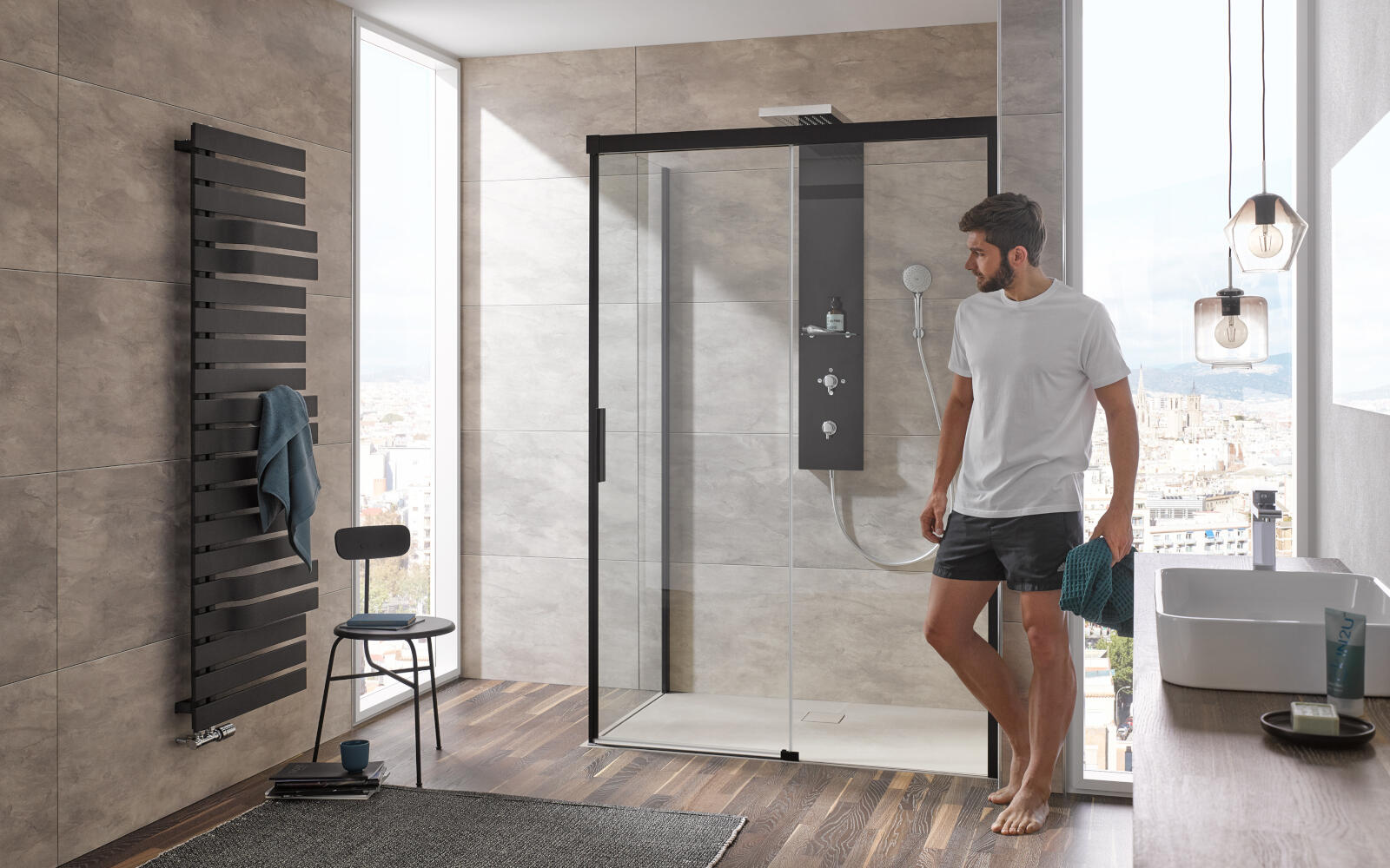 HSK Atelier Plan Schiebetür mit Seitenwand in schwarz matt